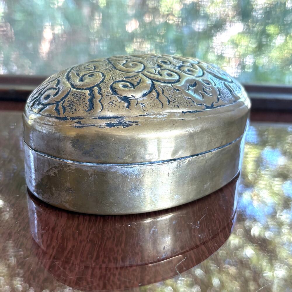 Vintage Brass Tone Trinket Box India Etched Floral Oval Box